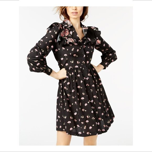 Jill Stuart black floral ruffle dress prairie cottage core shirtdress XS X-Small - Picture 1 of 6